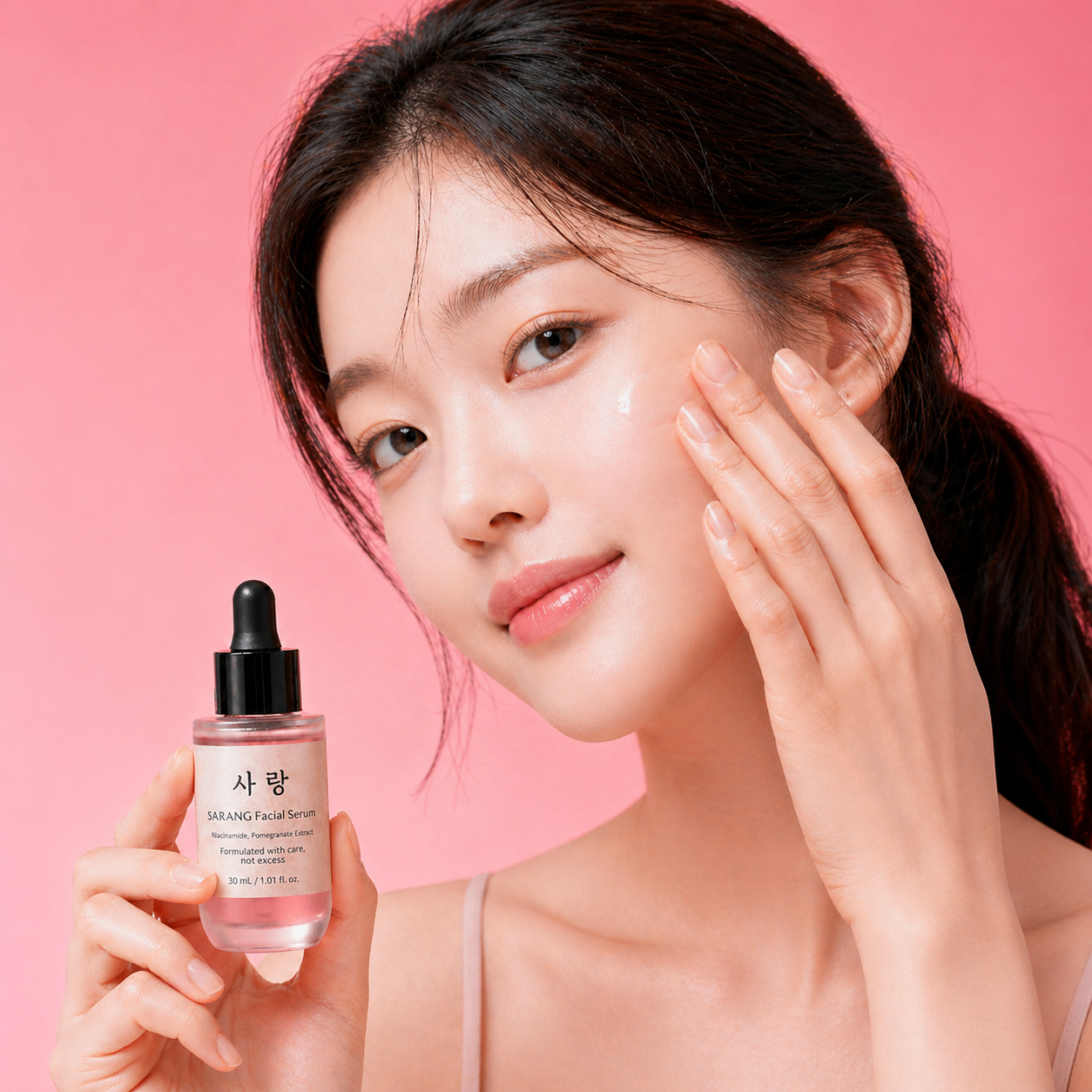 SARANG Facial Serum model holding the bottle